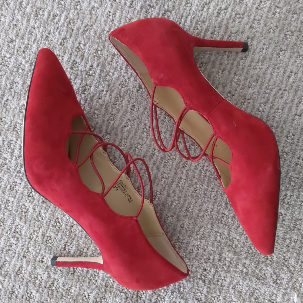 GORGEOUS "The Collection" Red Suede Leather Stretch Strapy Pointy Pumps, Sz 39